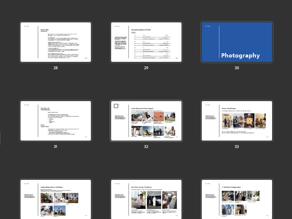 Brand guidelines pages laid out as a grid